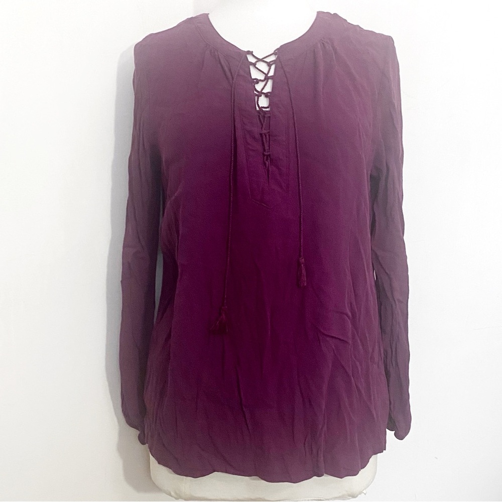 Time and Tru Boho Women's Plum Purple Lace-Up Gathered Neck and Sleeve Blouse L